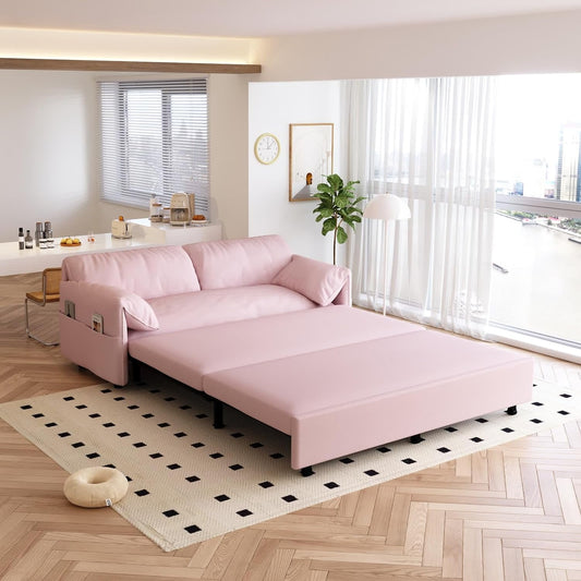 63.8in Sofa Bed Queen Size, Pull Out Couch Bed, 3-in-1 Convertible Sleeper Sofa with Side Pocket, Modern Velvet Futon Couch for Living Room, Small Space, Apartment, Bedroom, Pink