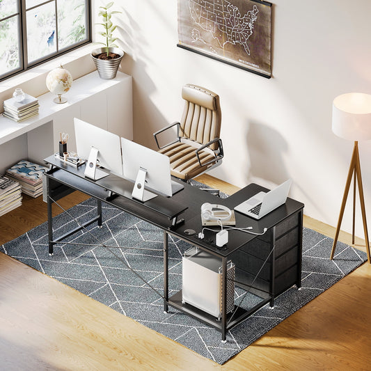 63 inch Corner Computer Desk with Power Outlets & LED Lights, Home Office Desk with 4-Tier Drawer & Storage Shelf, Ergonomic Gaming Desk with Monitor Stand, Black