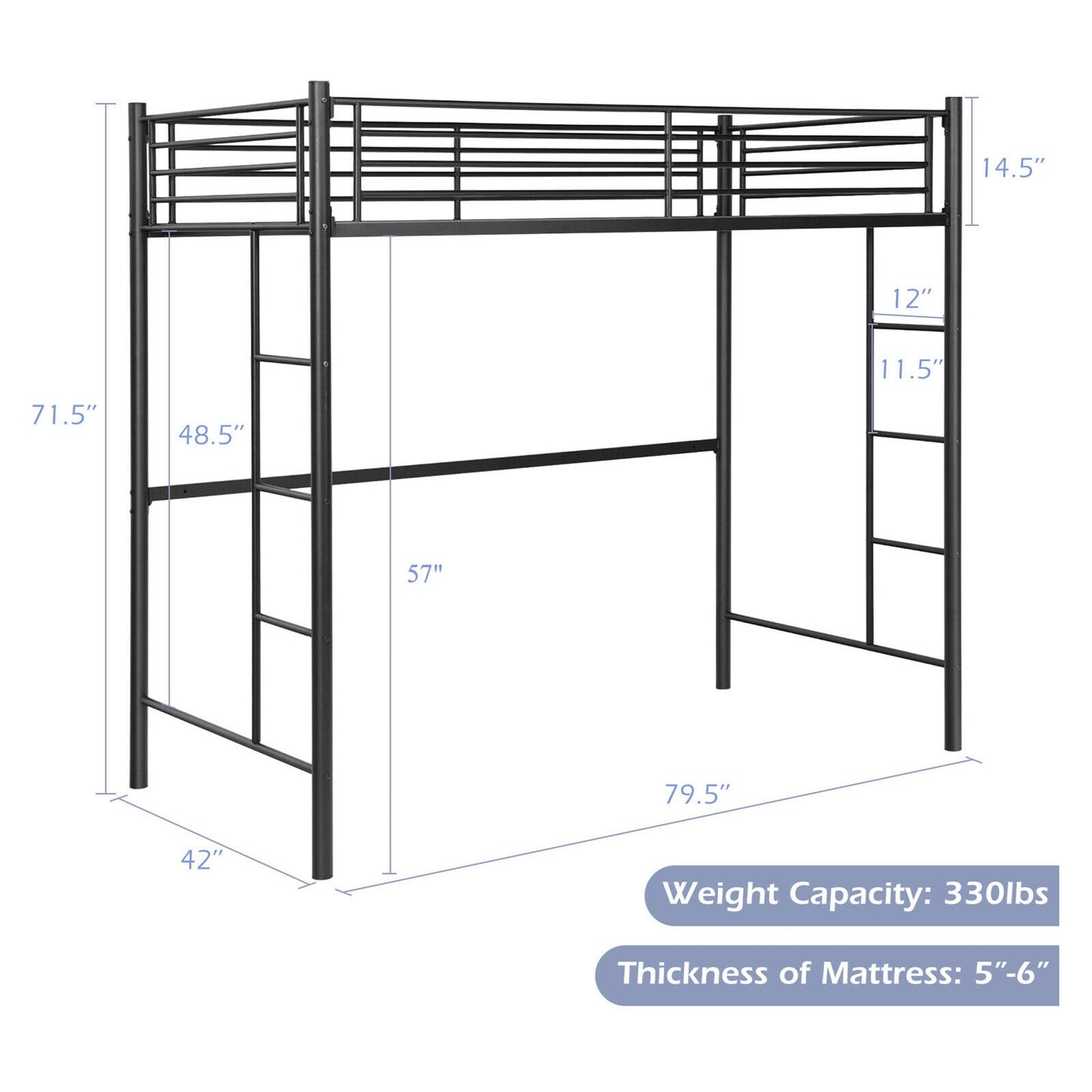 Gymax Twin Metal Loft Bed Frame w/ 2 Ladders Full-length Guardrail Space-Saving Black