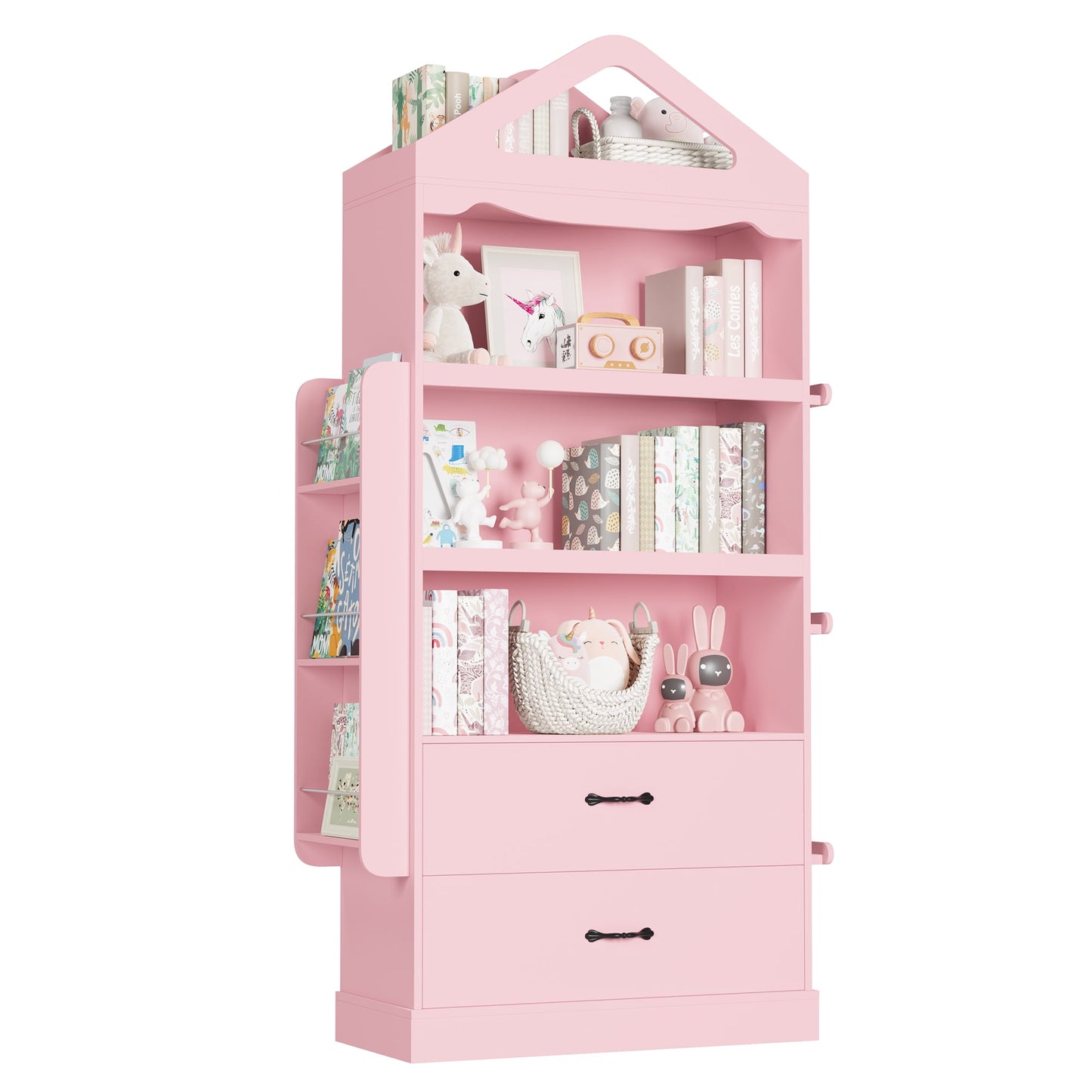 Homfa 71in Tall Kids Bookcase with 2 Drawers & 3-Tier Shelves, Wooden Triangular Top Bookshelf with Side Book Racks for Kids Room, Pink