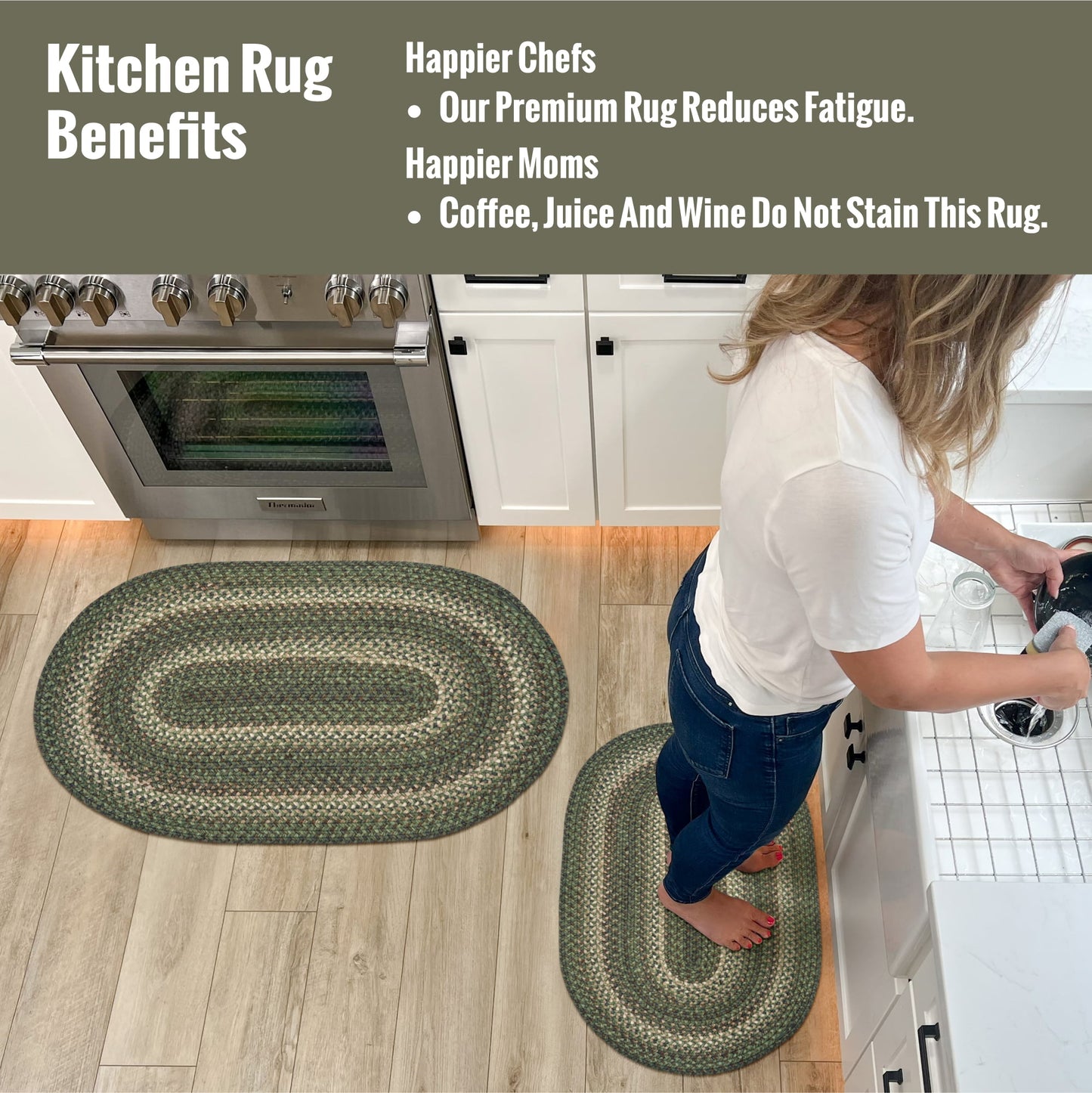 Homespice Cedar Ridge Sage Green Braided Rug, Ideal as Out Door Rug for Entryways and Washable Kitchen Rugs - Stain Resistant Small Reversible Pet Friendly Rugs Oval 27x45in Inches