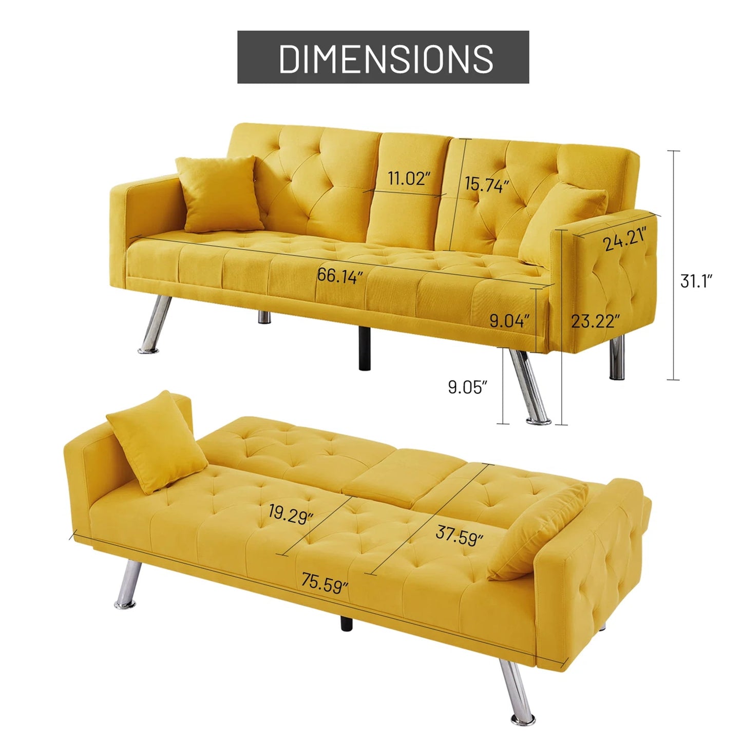 Aukfa 75in Tufted Futon Convertible Sofa Bed, Arm Couch for Home Office, 2 Pillow&Cup Holder, Yellow
