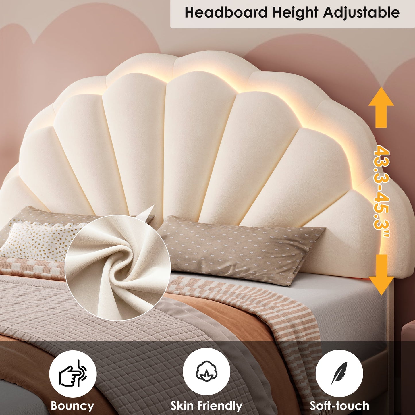 Homfa Full Size LED Bed Frame with Drawer, Velvet Upholstered Platform Bed with Adjustable Petal Headboard for Kid, Beige