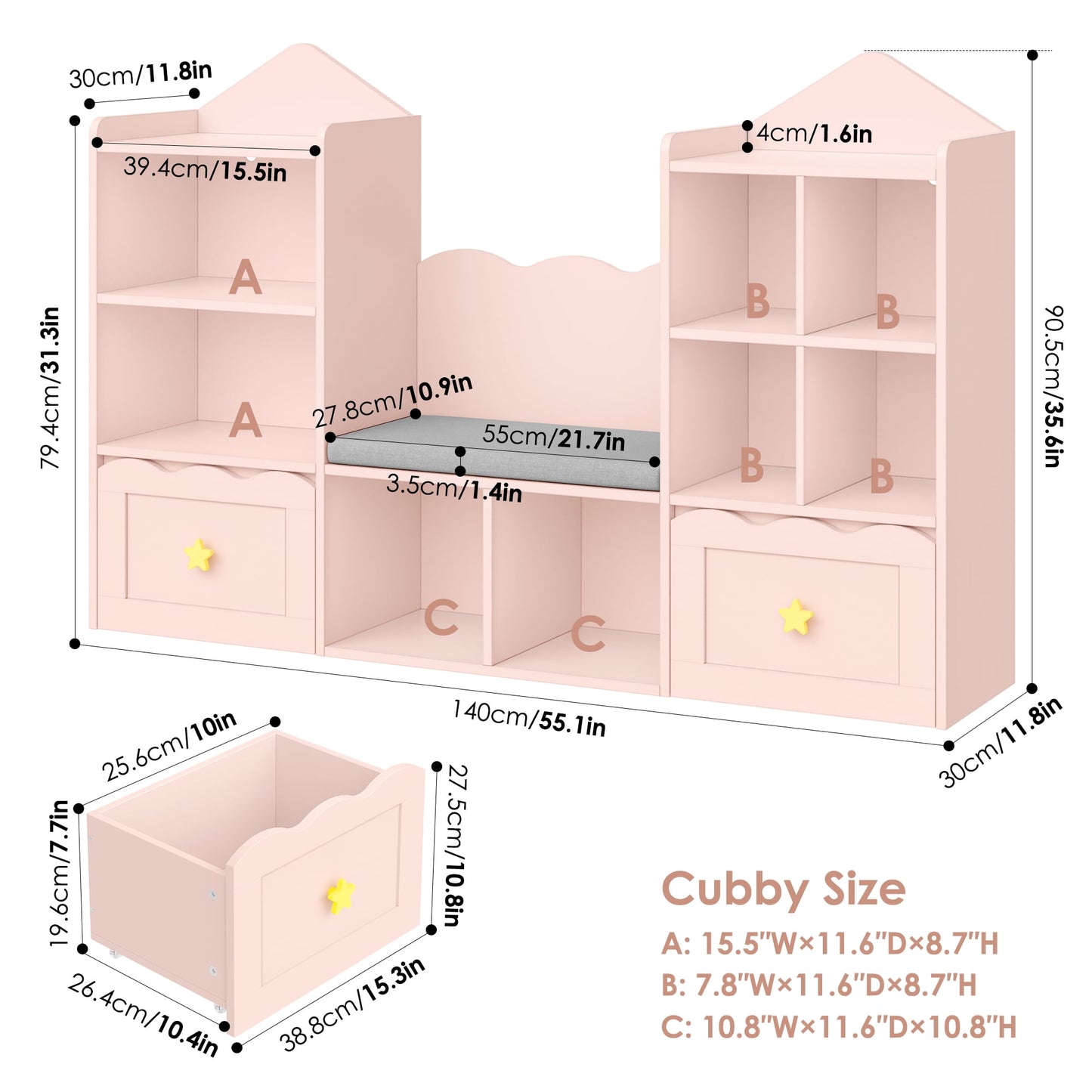 Homfa Kids Bookshelf with Reading Nook, Kids Storage Cabinet with 8 Cubby, 2 Wood Toy Bin for Nursery Kids Room, Pink