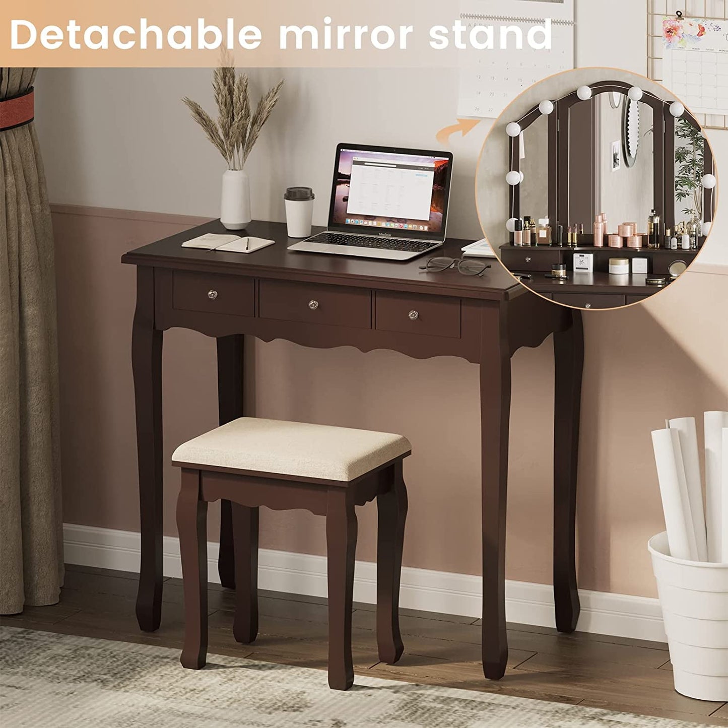 Afuhokles Vanity Table Set with Tri-Folding Mirror 10 LED Light 5 Drawers, Brown