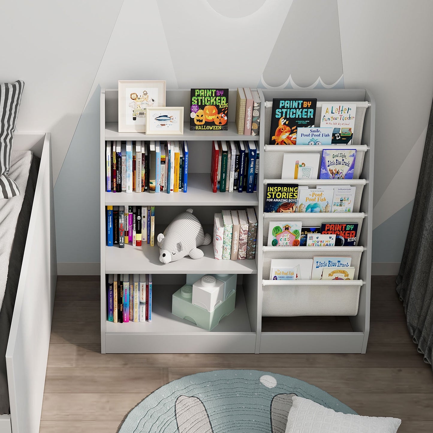 Hironpal 4-Tier Children's Bookshelf with Small Wood Bookcase and Room Shelves, Gray
