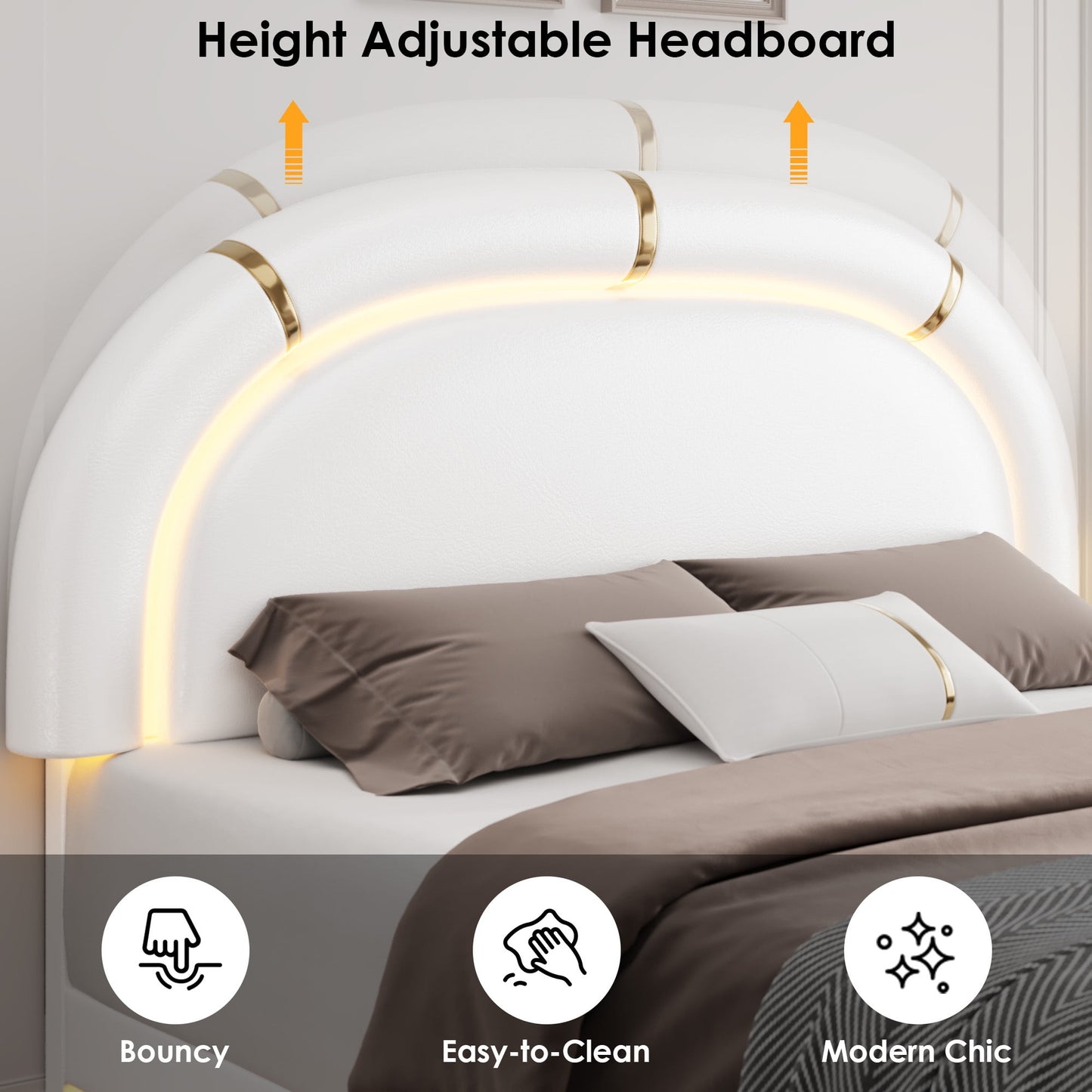 Homfa LED Bed Frame with Storage Drawer for Bedroom, Modern Full Size White Faux Leather Bed with Adjustable Headboard Sturdy Base