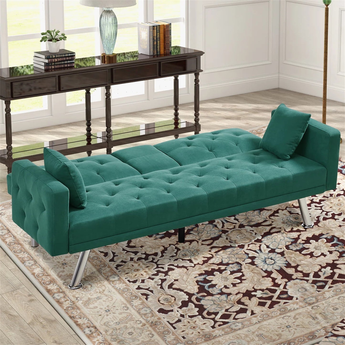 Aukfa 75in Tufted Futon Convertible Sofa Bed, Arm Couch for Home Office, 2 Cup Holders&Pillows, Green
