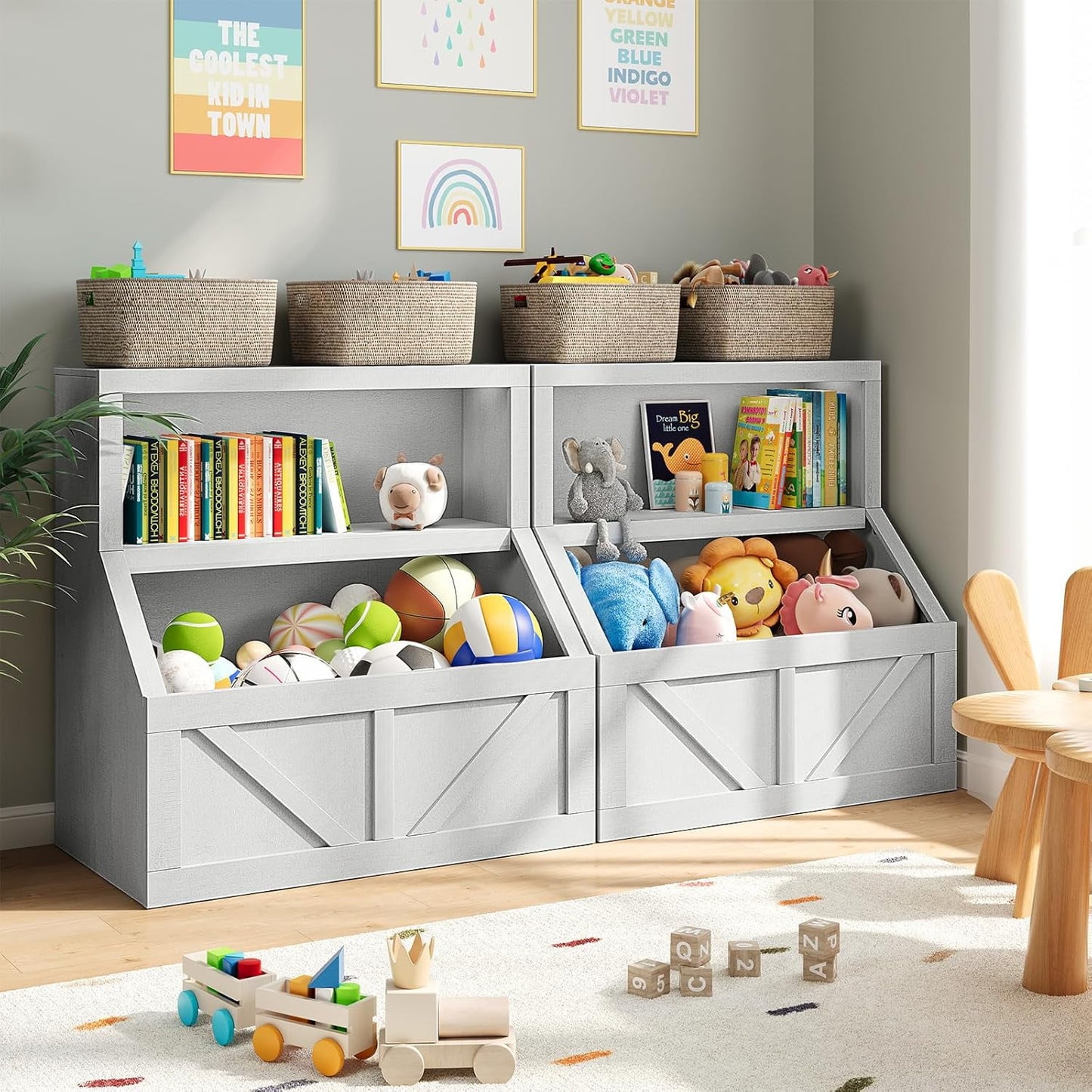 IDEALHOUSE Kids Bookshelf and Toy Storage, Wooden Toddler Bookcase Cabinet with Storage Organizer, Children's Large Cubbies for Playroom Bedroom Nursery Classroom School Kindergarten Daycare