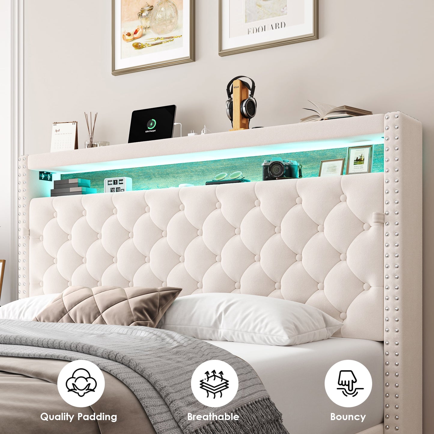 Homfa Queen Size LED Bed Frame with Outlets and USB Ports, Modern Storage Platform Bed with Velvet Fabric Button Tufted Upholstered Headboard, Beige