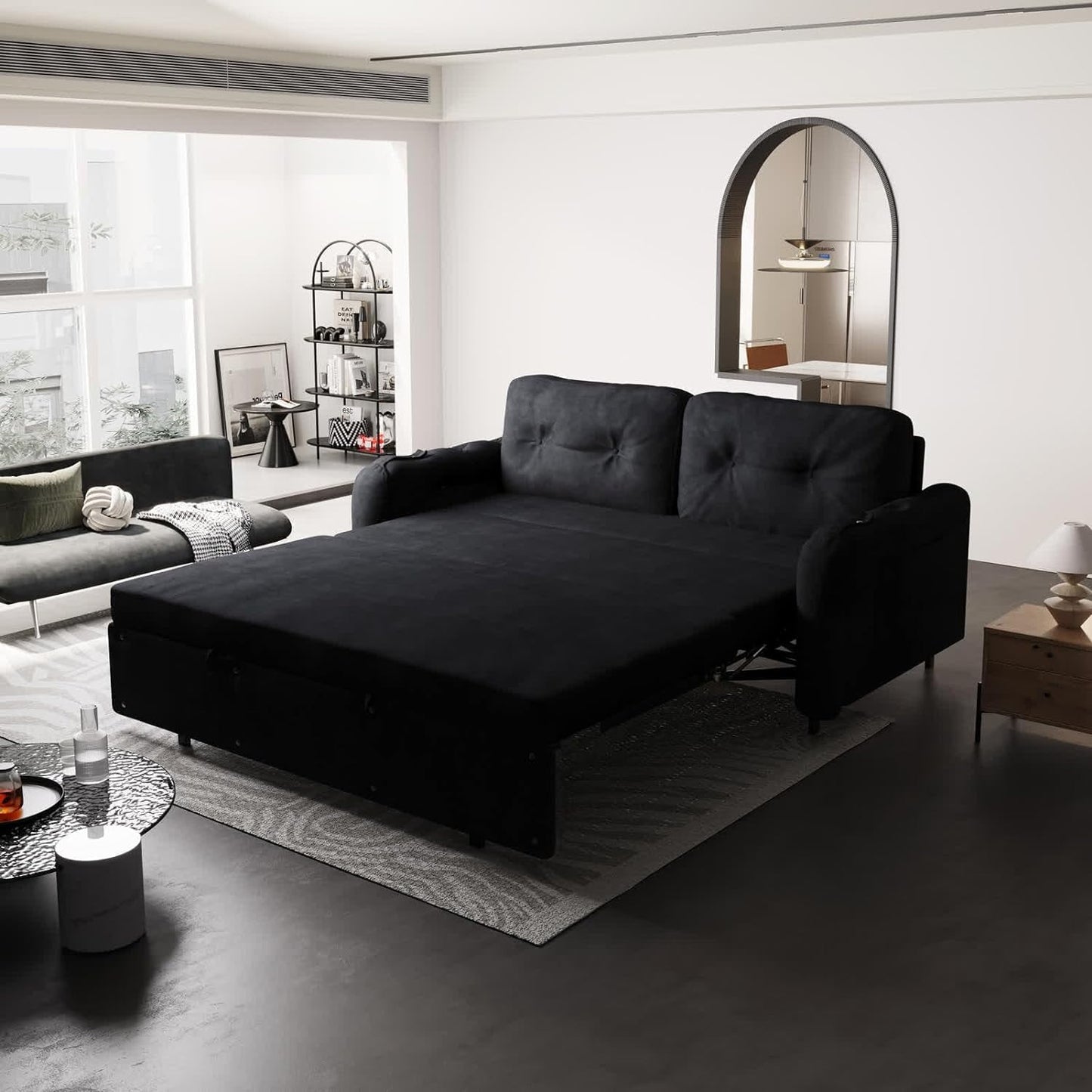 66.2in Sleep Sofa Bed Queen Size, Hydraulic System Pull Out Couch Bed, Sleeper Sofa Loveseat with 2 Pillows, Modern Velvet Upholstered Couch for Living Room, Small Space, Apartment, Bedroom, Black
