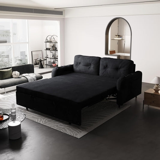 66.2in Sleep Sofa Bed Queen Size, Hydraulic System Pull Out Couch Bed, Sleeper Sofa Loveseat with 2 Pillows, Modern Velvet Upholstered Couch for Living Room, Small Space, Apartment, Bedroom, Black