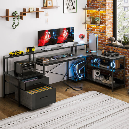 66in Reversible L Shaped Desk with File Drawer & Power Outlet, Modern Computer Desk with LED Strip, Home Office Desk with Storage Shelves, Gaming Desk with Monitor Shelf, Corner Desk, Black