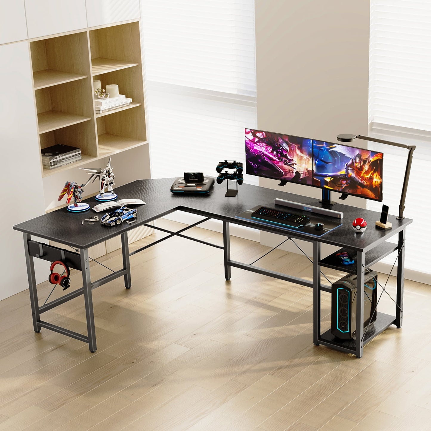 66 inch L Shaped Computer Desk with Storage Shelves, Corner Gaming Desk, Sturdy Writing Desk Workstation, Modern Wooden Desk Office Desk, Wood & Metal, Black