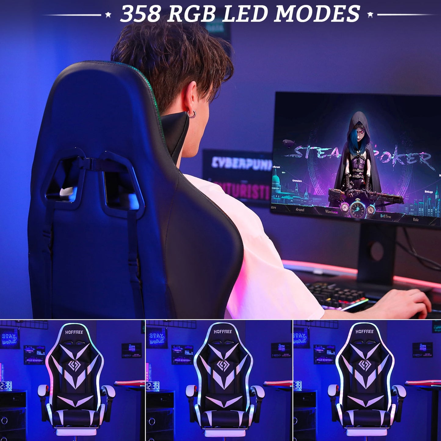 HOFFREE Gaming Chair with Massage and LED RGB Lights Ergonomic Computer Chair with Footrest High Back Video Game Chair with Adjustable Lumbar Support Linkage Armrest for Home Office