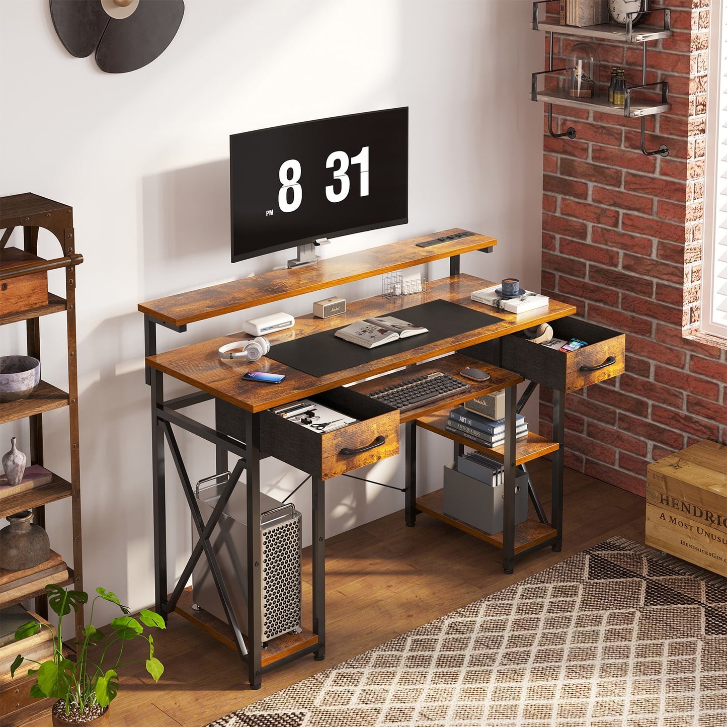 KKL 48 inch Height Adjustable Home Office Desk with USB Charging Port & Keyboard Tray, Writing Desk with Drawers