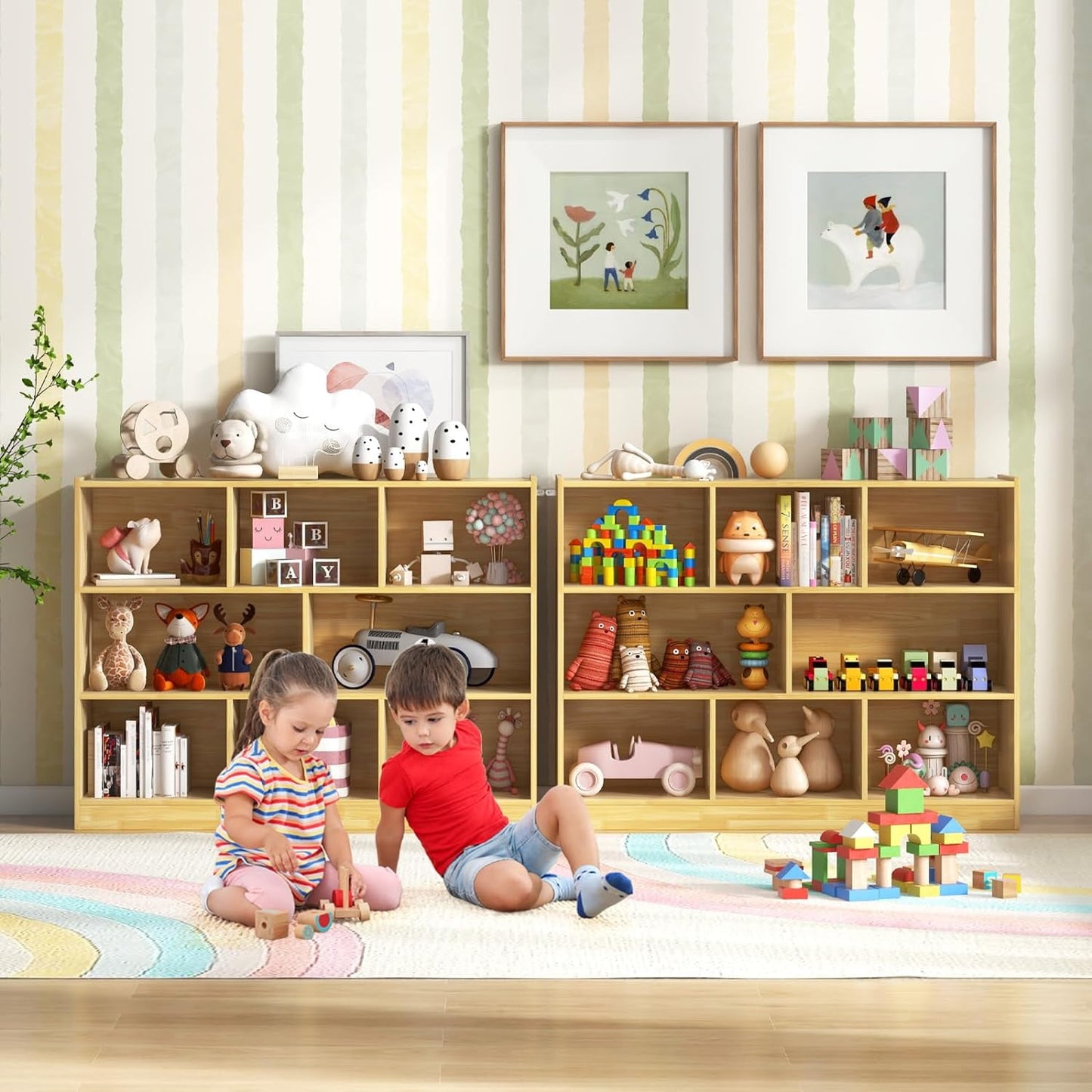 HONEY JOY Kids Toy Storage Organizer, 8-Section Storage Daycare Shelf for Preschool, Children 3-Tier Open Wooden Display Book Shelf Organizer for Classroom, Playroom & Nursery, Kindergarten(Natural)