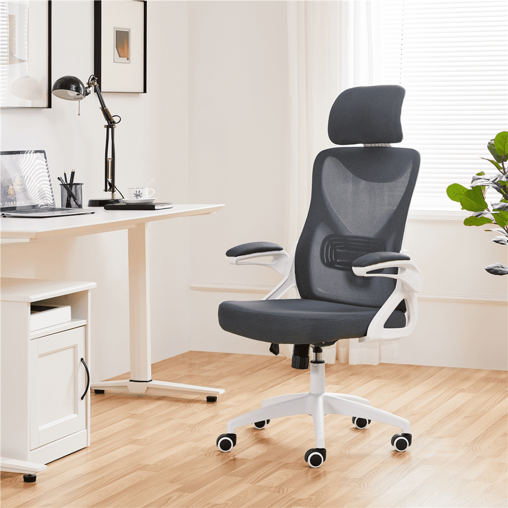 Alden Design High Back Ergonomic Mesh Office Chair with Adjustable Padded Headrest, White/Gray