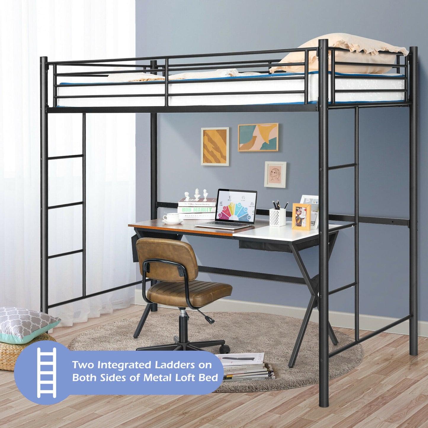 Gymax Twin Metal Loft Bed Frame w/ 2 Ladders Full-length Guardrail Space-Saving Black