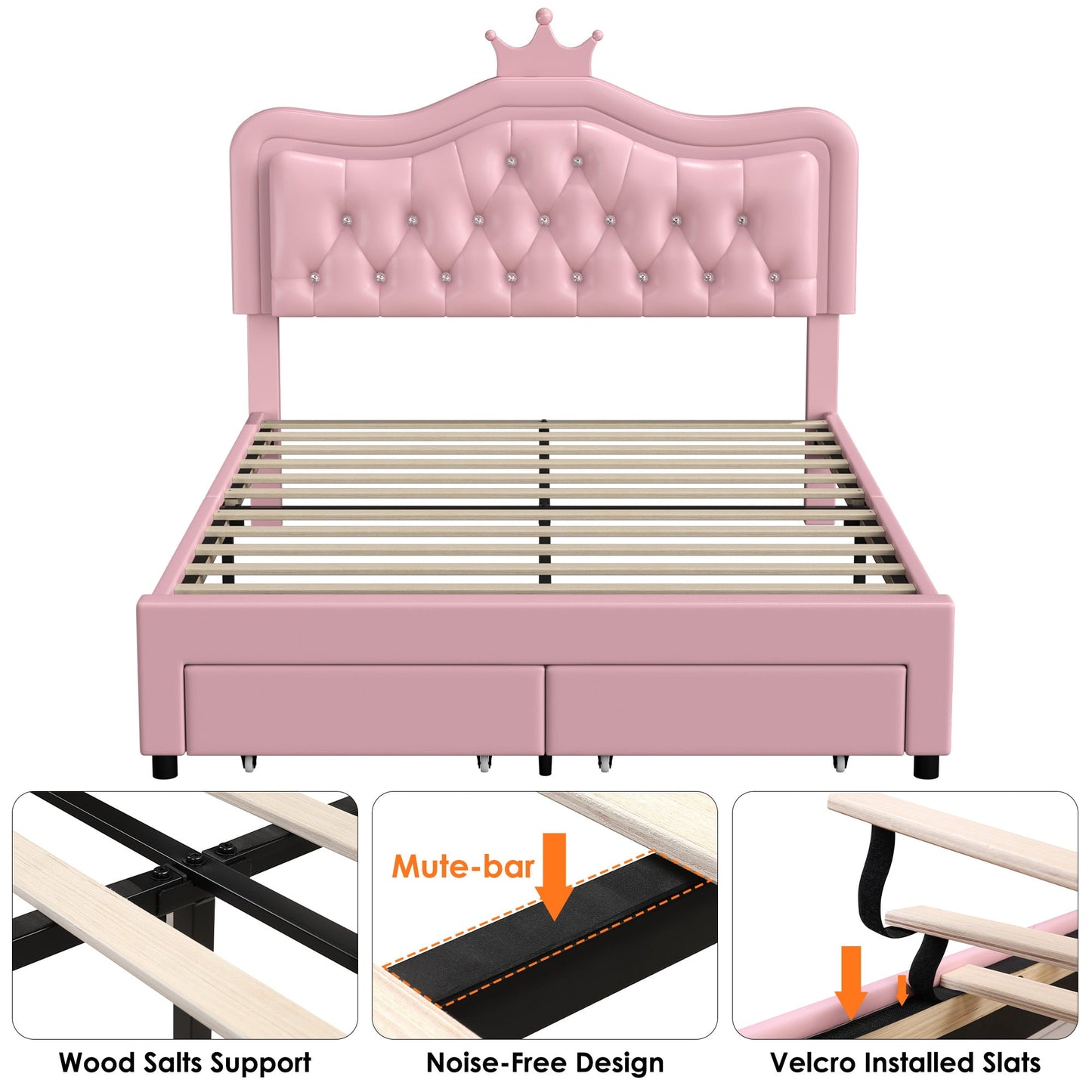 Homfa Queen LED Upholstered Bed with 2 Drawers, PU Leather Platform Bed with Adjustable Crown Headboard, Pink