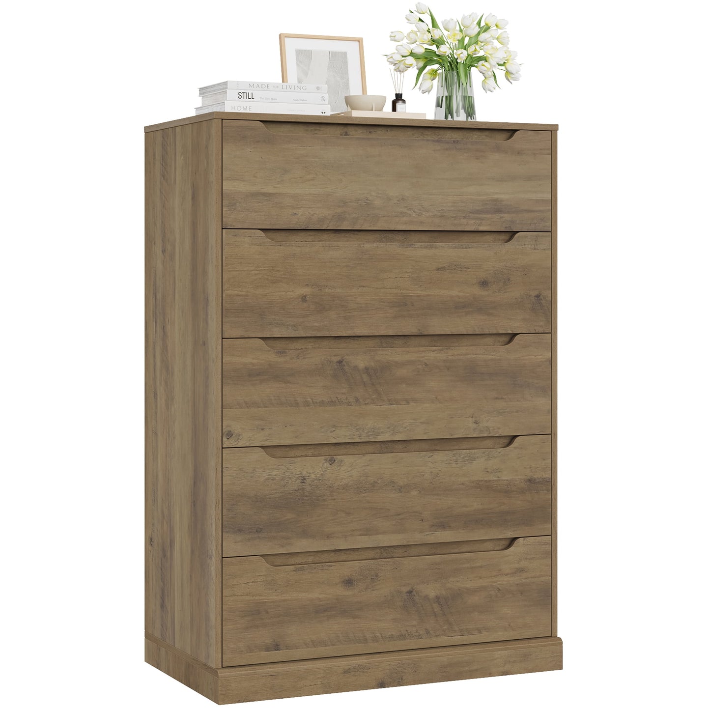 Homfa Vertical 5 Drawer Dresser, Wood Storage Cabinet with Upgraded Stable Base for Bedroom Living Room, Rustic Brown