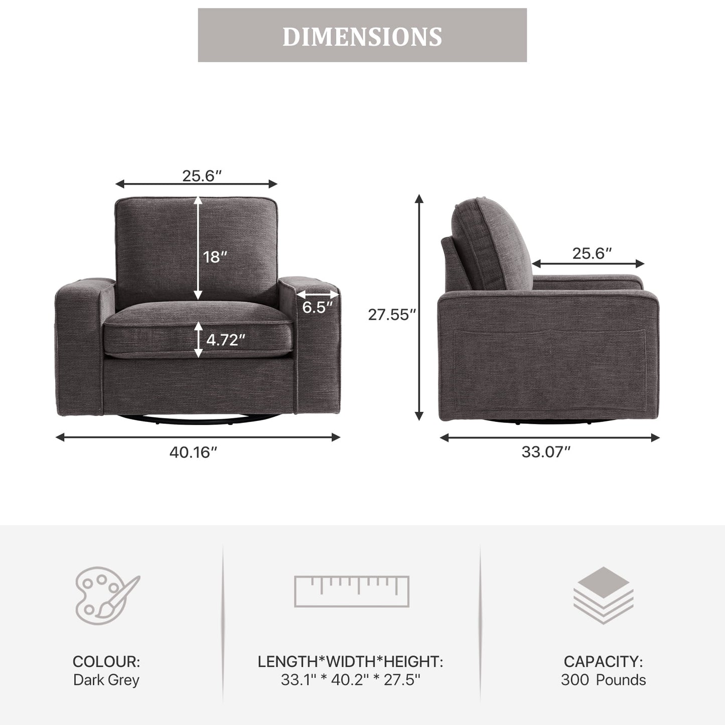 INGALIK Swivel Accent Chair, 40.2in W Oversize Chenille Accent Armchair with Storage Bag, Modern Comfortable Chair for Living Room, Bedroom, Dark Gray