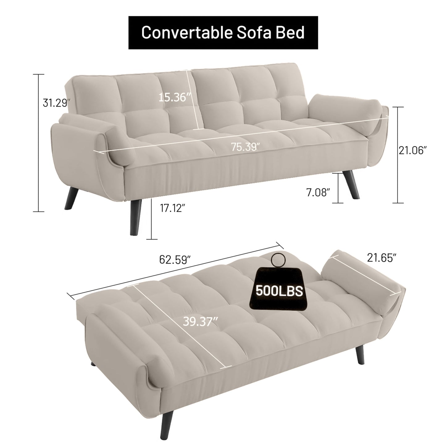 Aukfa 74in Flared Arm Futon Convertible Sofa Bed, Curved Sleeper Sofa for Home Office, Velvet, Beige