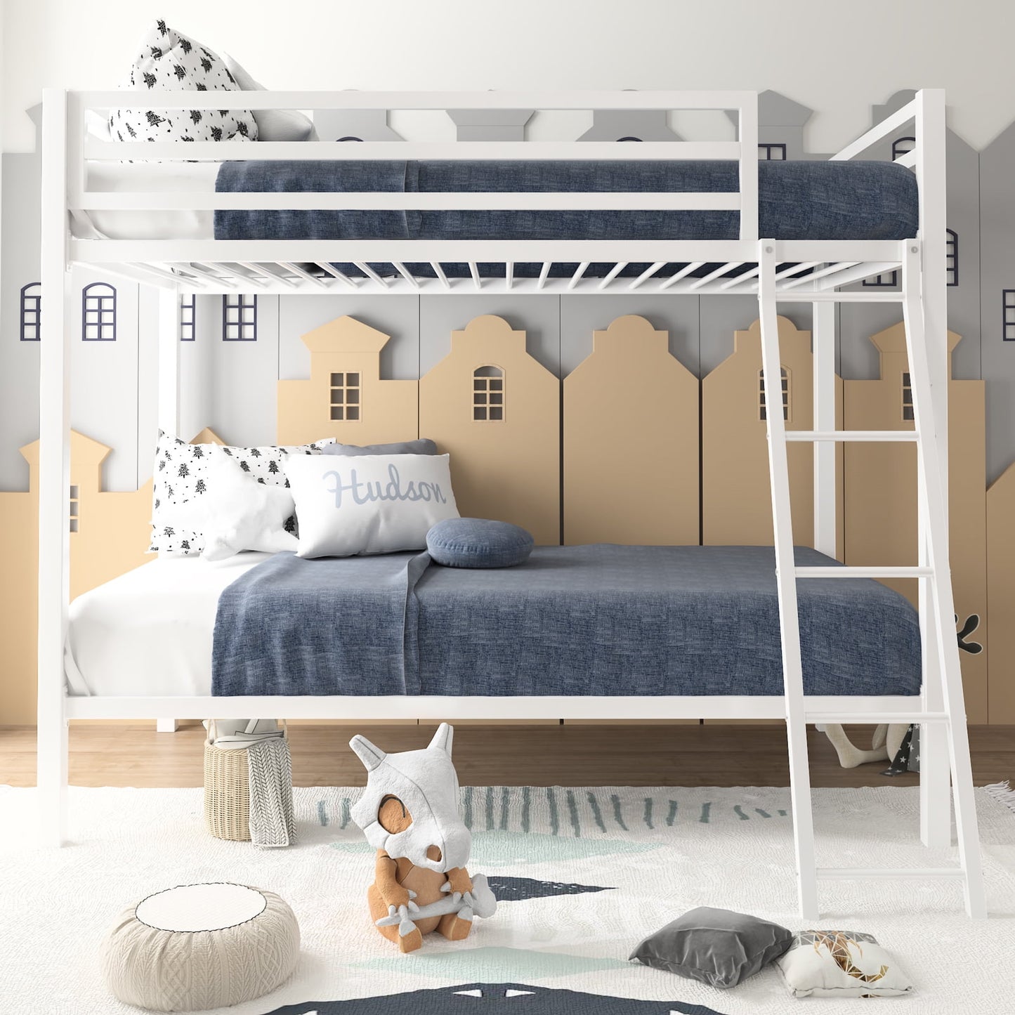 Amolife Twin-Over-Twin Bunk Beds with Heavy Duty Metal Frame and Ladder, Pure White