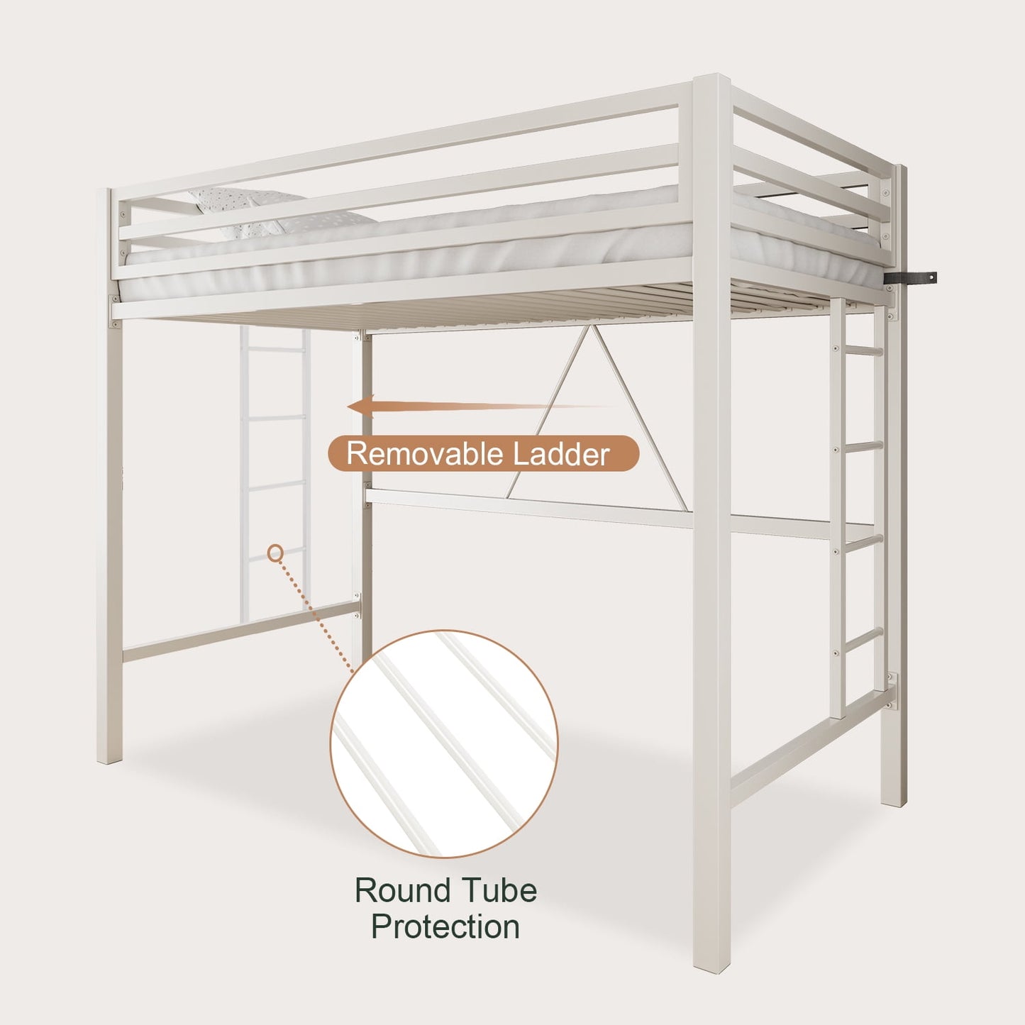 Amolife Twin Size Heavy Duty Metal Loft Bed with Removable Ladder & Full-Length Guardrail, White