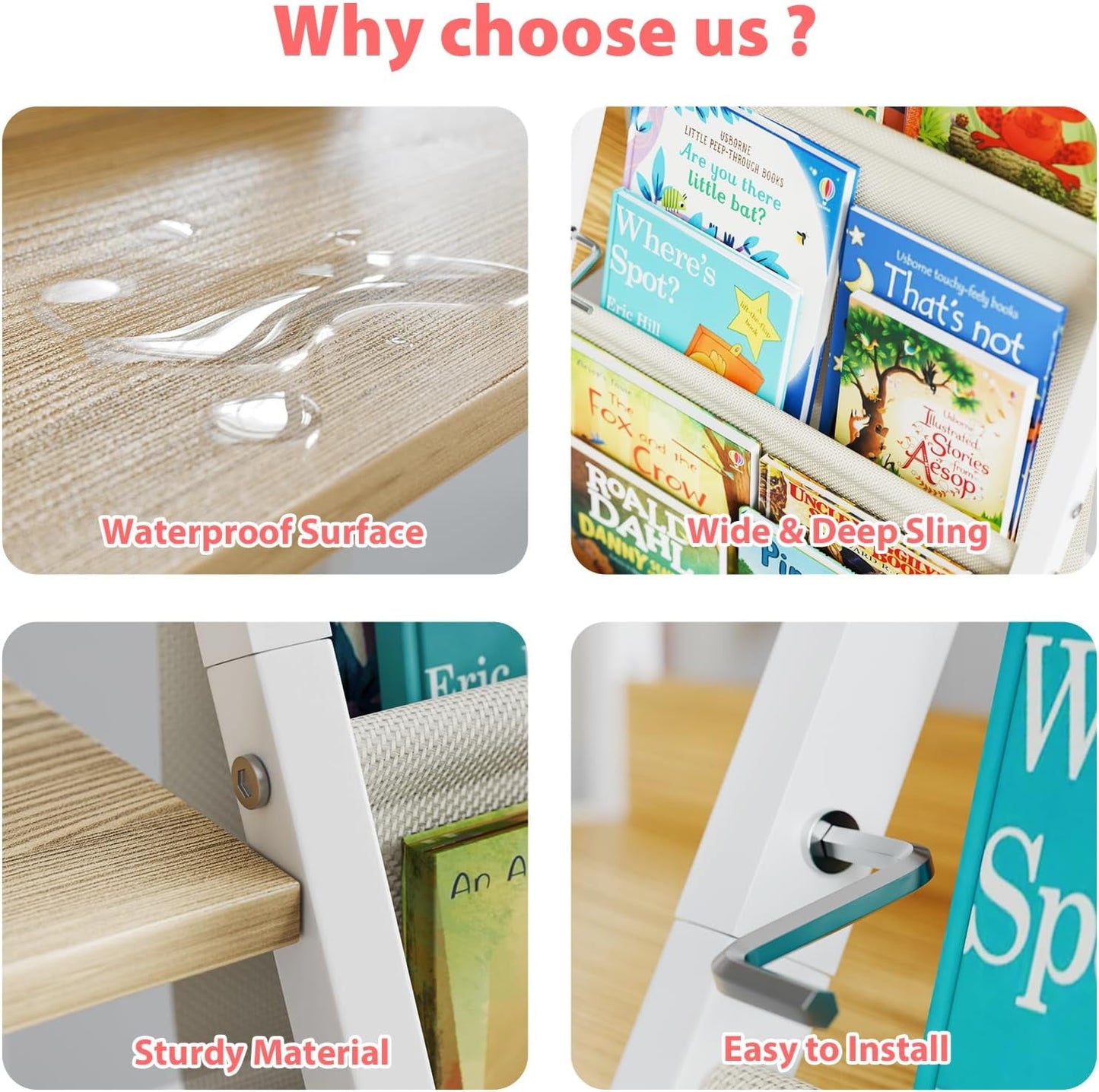 3 Tier Kids Bookshelf and Toy Storage, Kids Book Sling Shelf, Montessori Baby Toddler Bookshelf for Kids, Kids Bookcase, Toy Storage Organizer, for Playroom, Bedroom, Nursery (White)