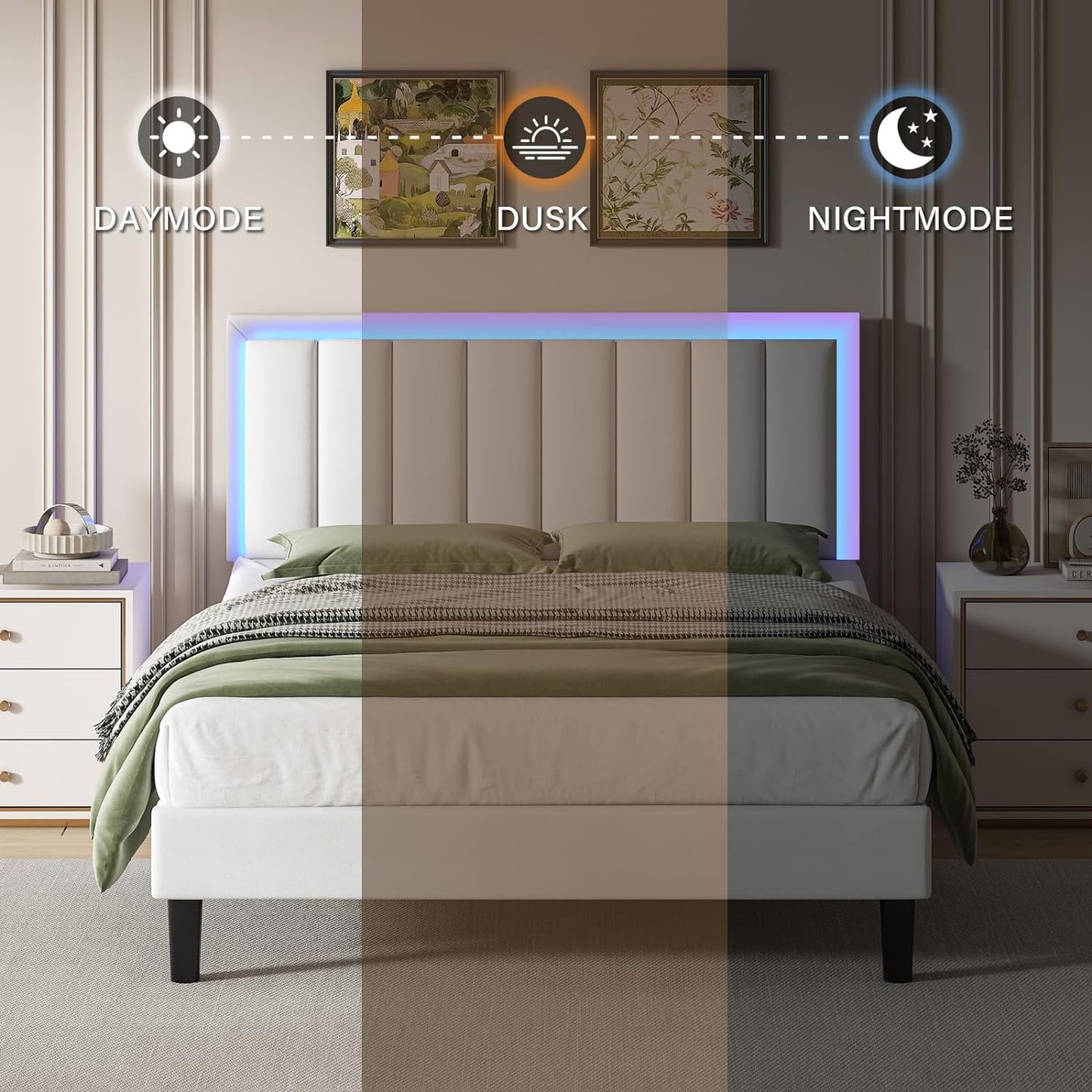 4 EVER WINNER Twin Size LED Bed Frame, White Twin Bed Frame with LED Light Headboard, Modern Bed Frame for Kids, White