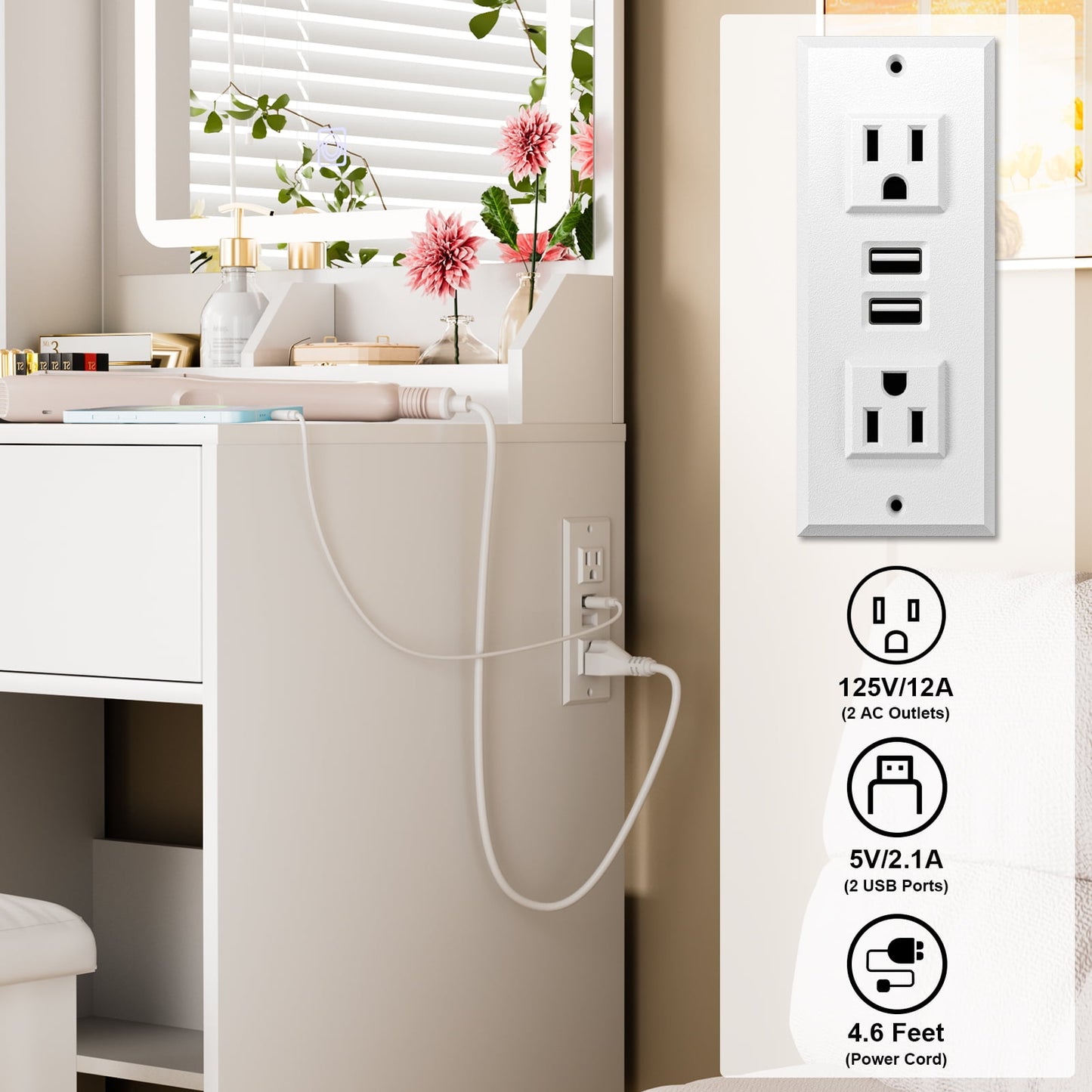 Gounni Vanity Set with Mirror & Power Outlet, Makeup Vanity Table Desk Chair Set for Bedroom, White