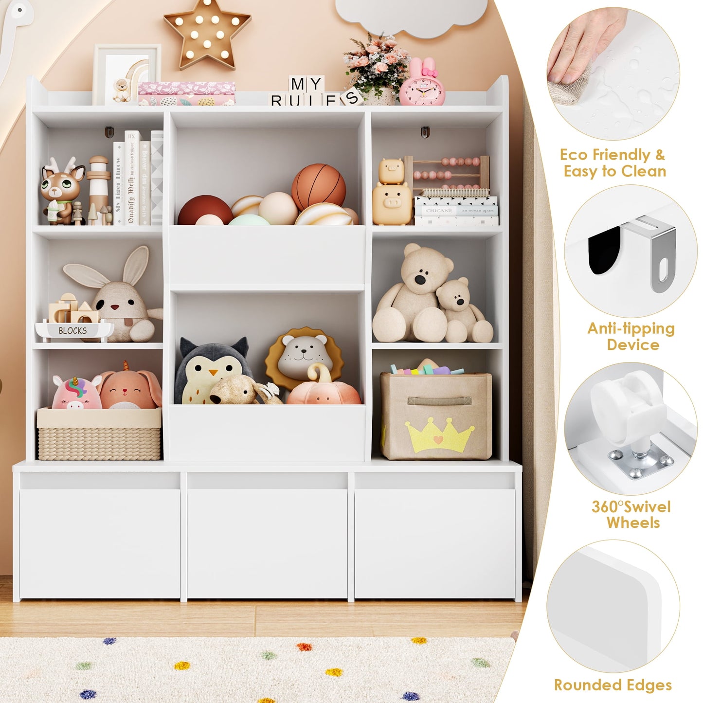 Hiphuta Kid's Toy Storage Organizer, Wood Kids Bookshelf of 8 Cubes & 3 Removable Drawers, White