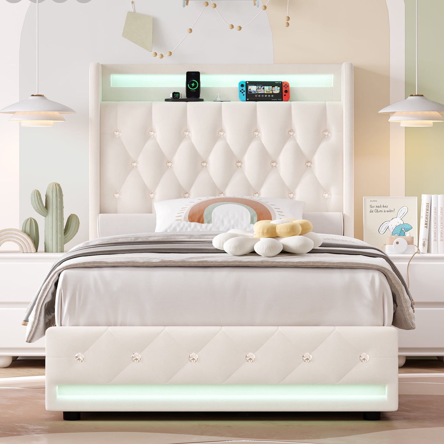 Homfa Twin Size LED Bed Frame with Outlets and USB Ports, 4 Storage Drawers Modern Wingback Crystal Button Tufted Velvet Upholstered Platform Bed Frame, Pink