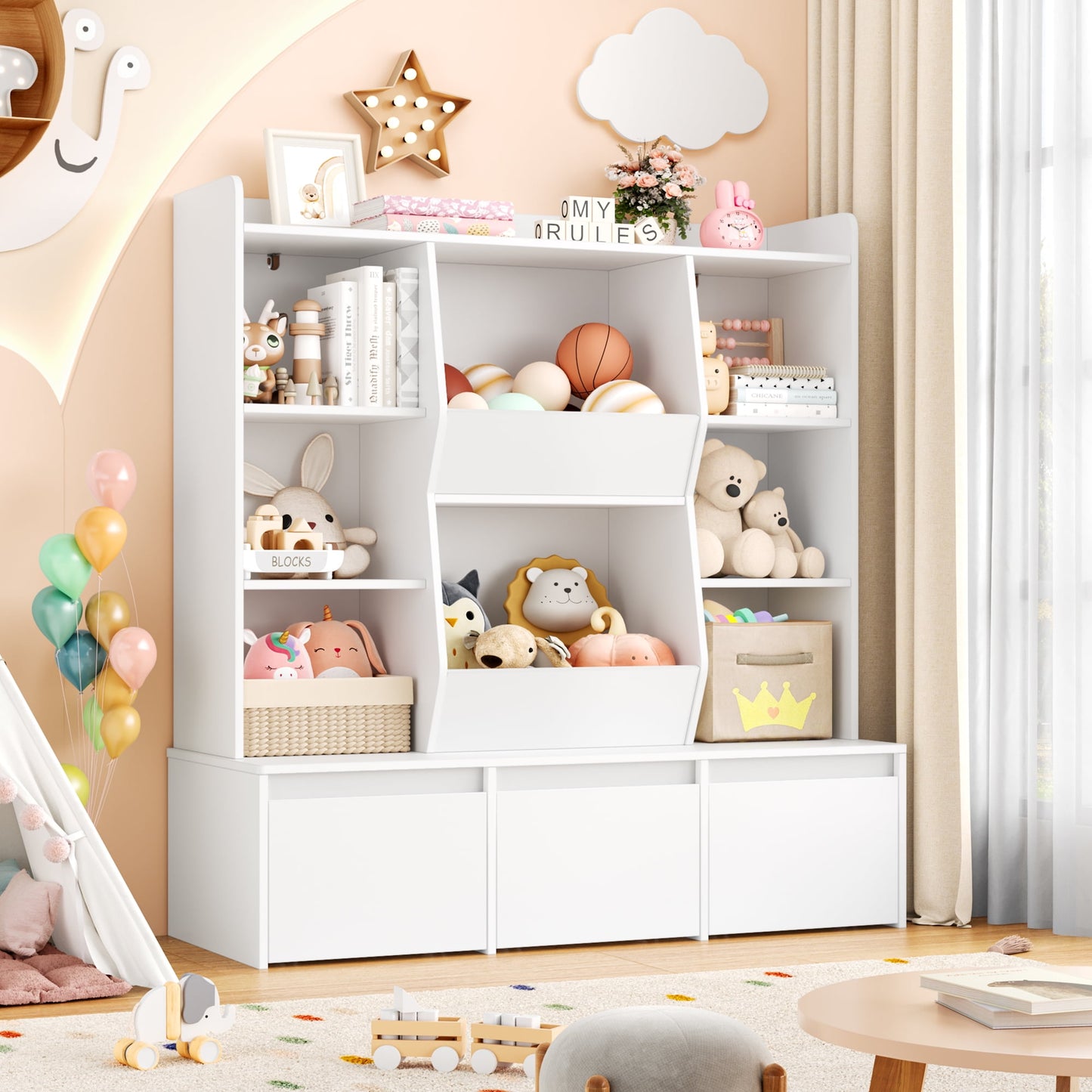 Hiphuta Kid's Toy Storage Organizer, Wood Kids Bookshelf of 8 Cubes & 3 Removable Drawers, White