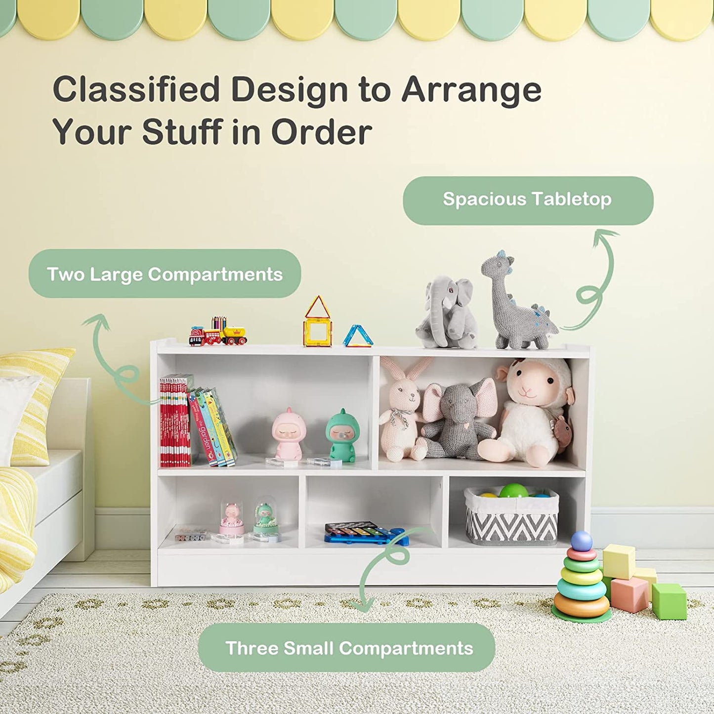 HONEY JOY Kids Storage Organizer, 5-Section Wooden Display Shelf for Classroom, Playroom, Nursery, Kindergarten