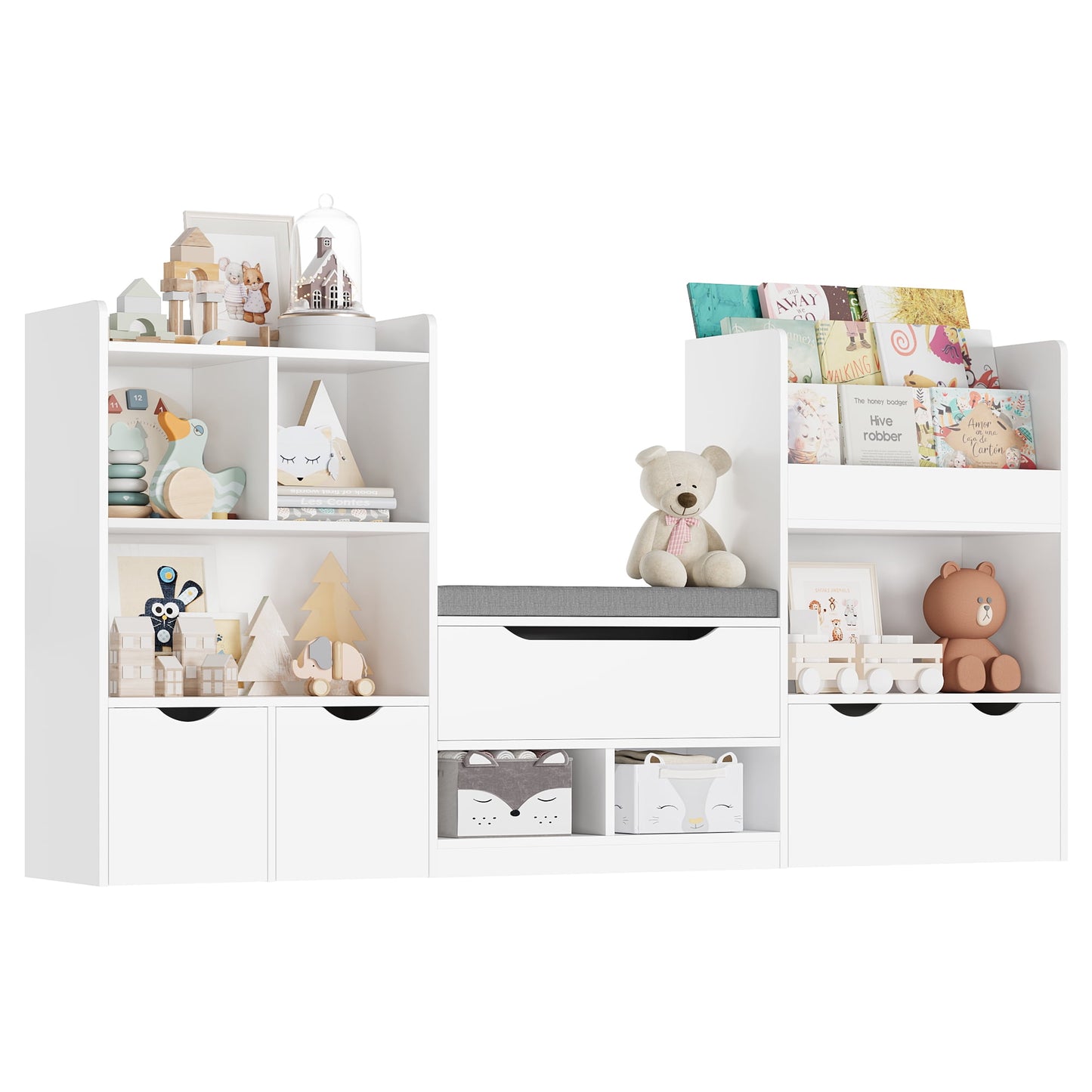 Hiphuta 53in L Kid's Bookshelf with Reading Nook and Under Bench Storage, 8 Shelf Bookcase with 3 Wood Toy Bins & 3 Tier Book Rack for Children Kidsroom