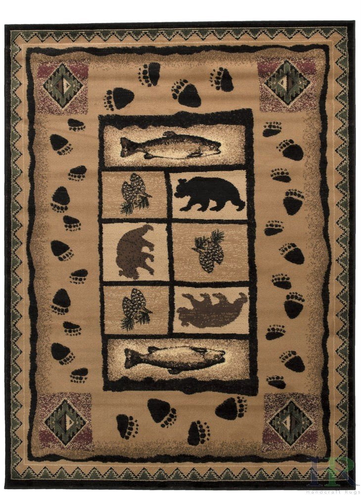 Handcraft Rugs Cabin Rug Lodge, Cabin Nature and Animals Area Rug Modern Geometric Design Cabin Area Rug Abstract, Brown/Green/RedBear/Fish/Footprint 8x10 feet