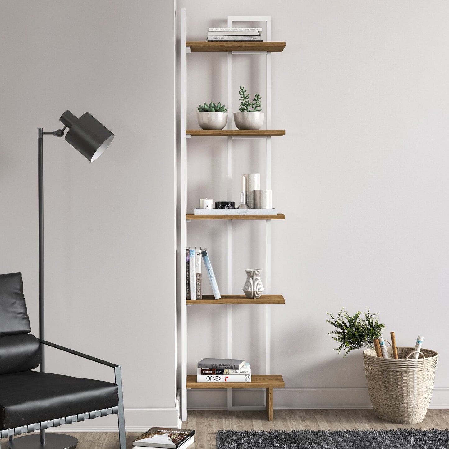 Alice 71in 5-Shelf Corner Bookcase, White Oud
