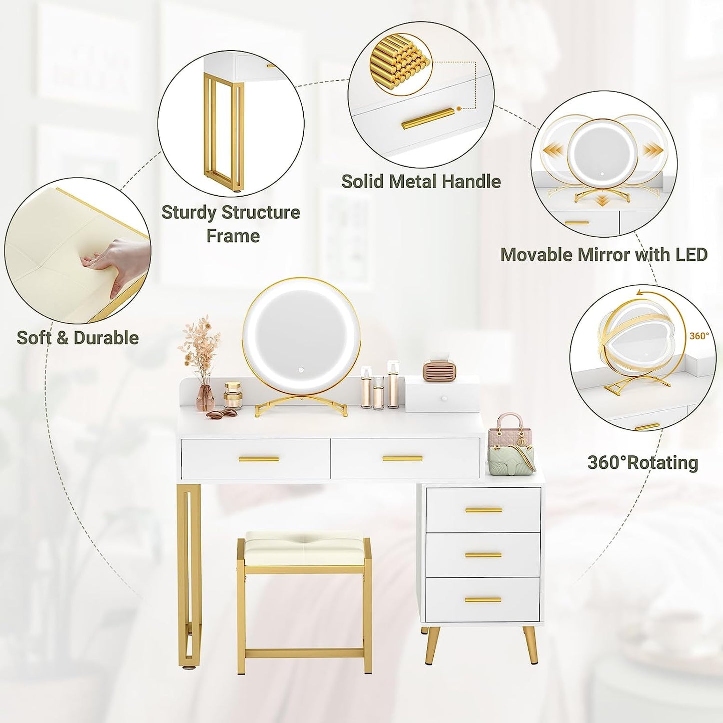 Homieasy Modern Makeup Vanity Set, White Desk with Lights, Mirror, 6 Drawers & Cushioned Stool