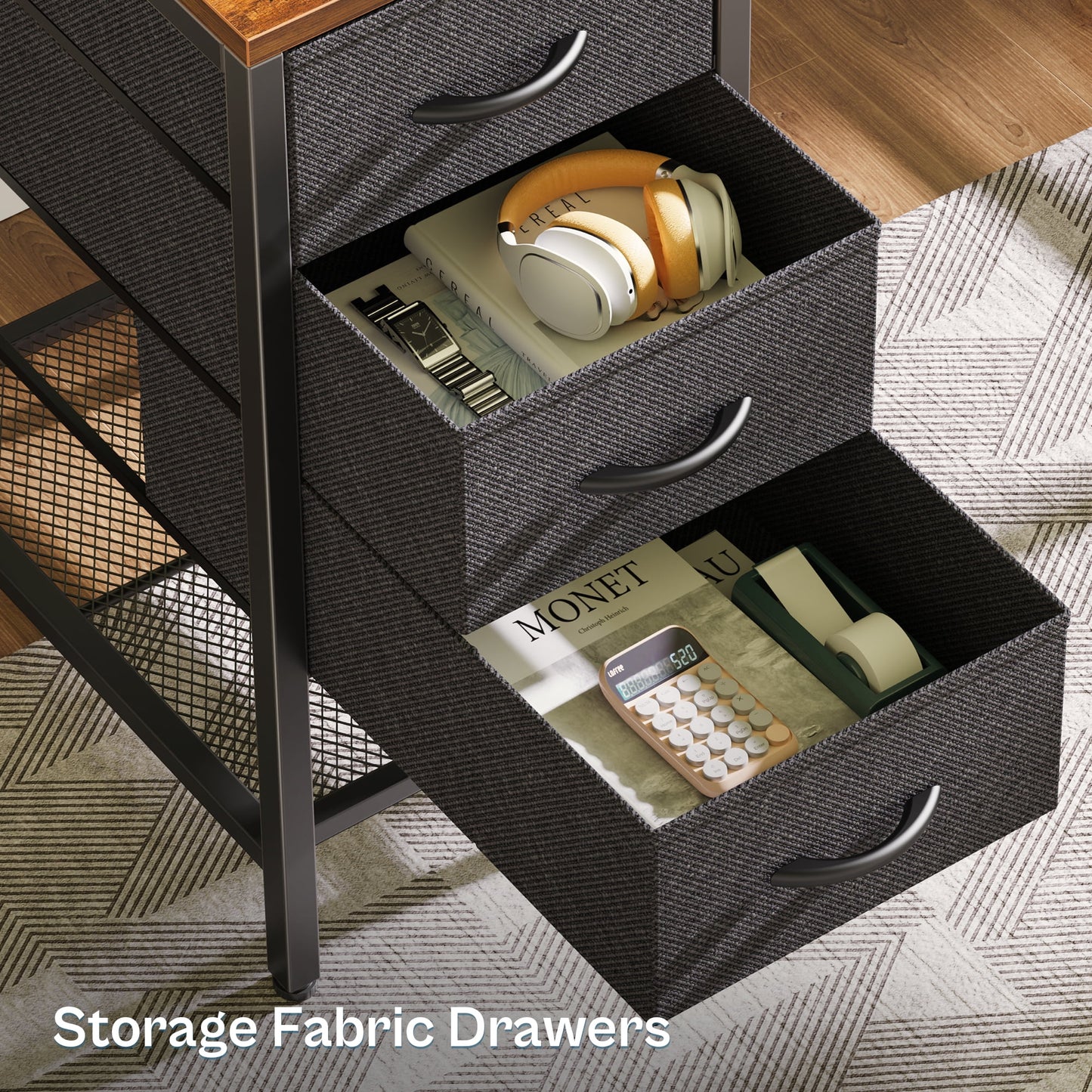 Huuger 55in LED-lit Industrial Desk, Power Outlets, 4 Drawers & Shelves, Gaming/Writing Desk, Rustic Brown