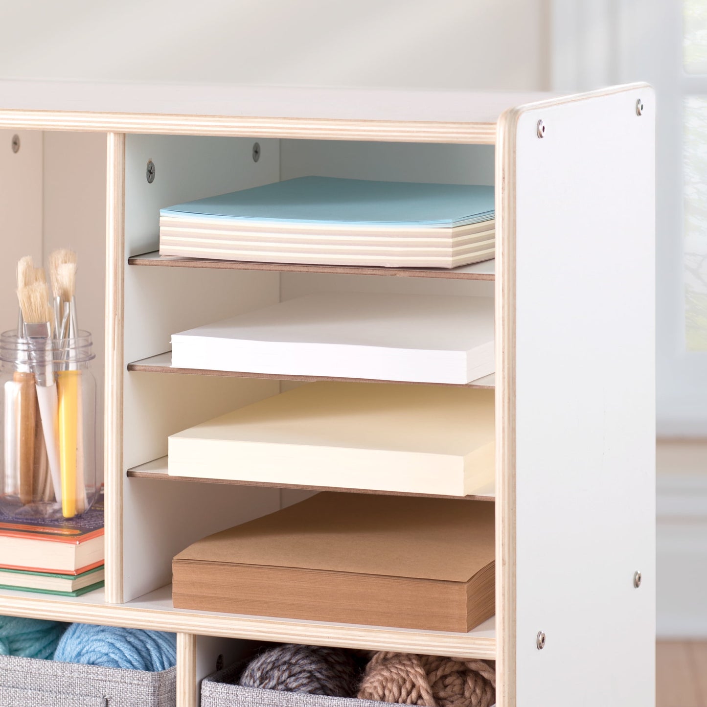 Guidecraft EdQ Shelves and 10 Bin Storage Unit 30in White: Wooden Kids' Classroom Bookshelf with Cubbies and Organization for Home