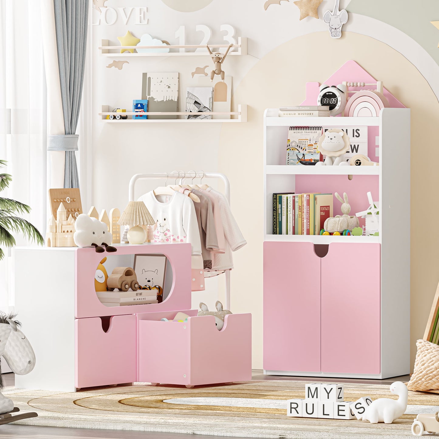 Homfa Kids Pink Bookshelf and Toys Organizer with Drawers, Combi Toy Storage with Clothes Rail for Kids Room