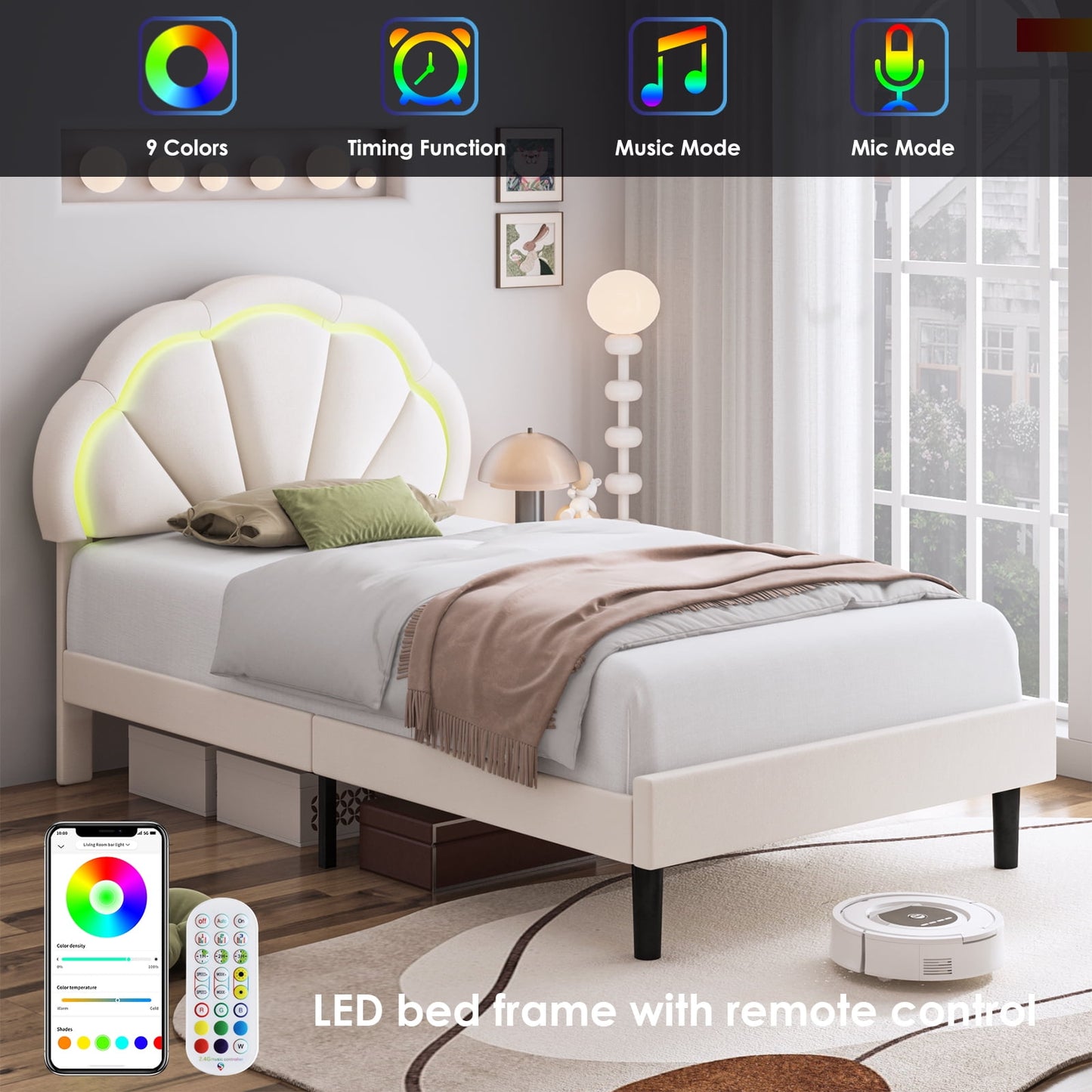 Homfa Modern Twin Size Velvet LED Bed Frame with Adjustable Headboard, Off-White