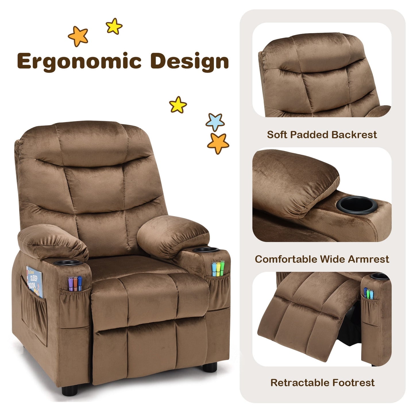 Infans Kids Youth Recliner Chair Velvet Fabric Armrest Sofa w/Cup Holder Brown