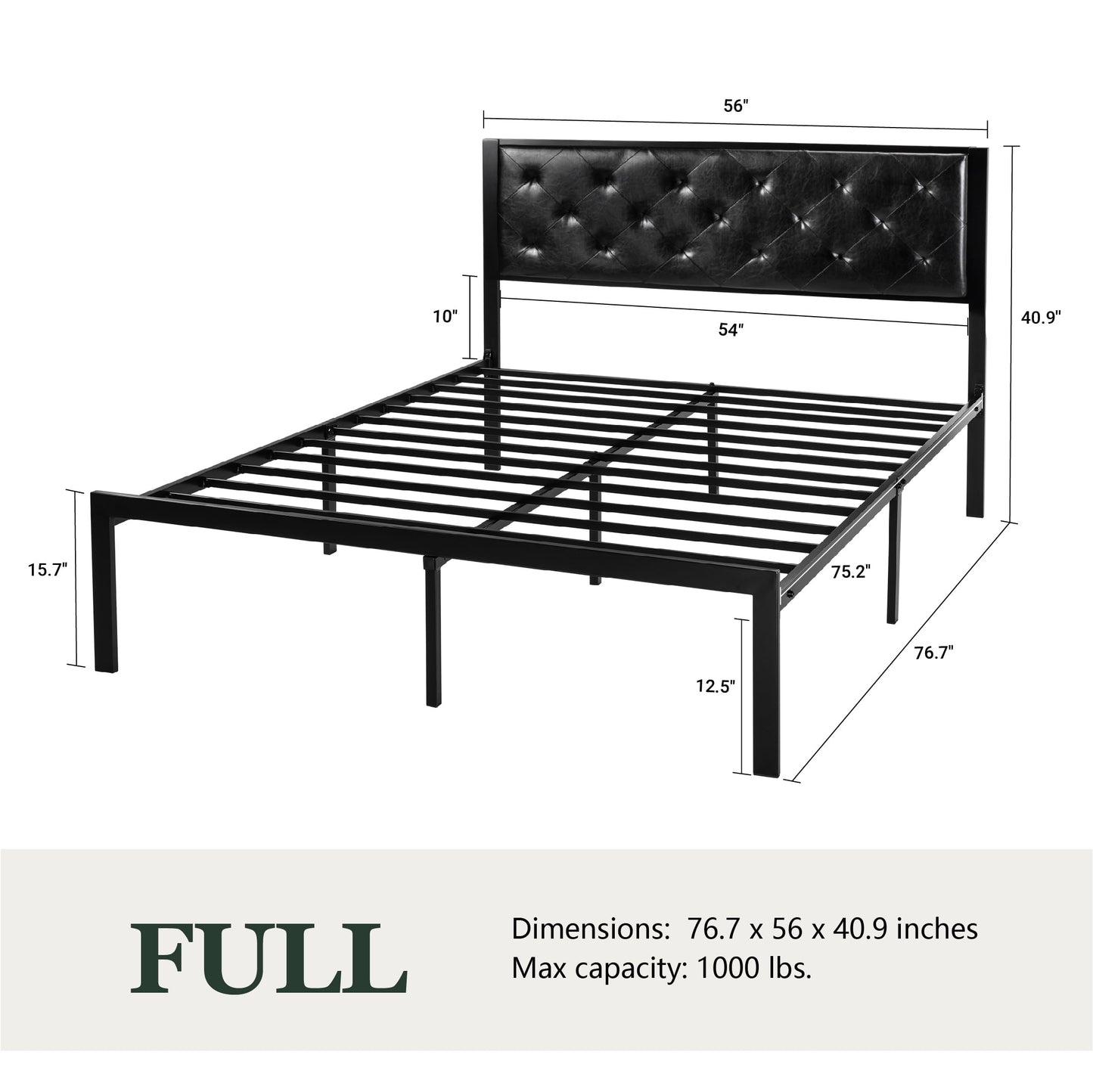 Amolife Full Size Metal Bed Frame with Faux Leather Upholstered Headboard, Black