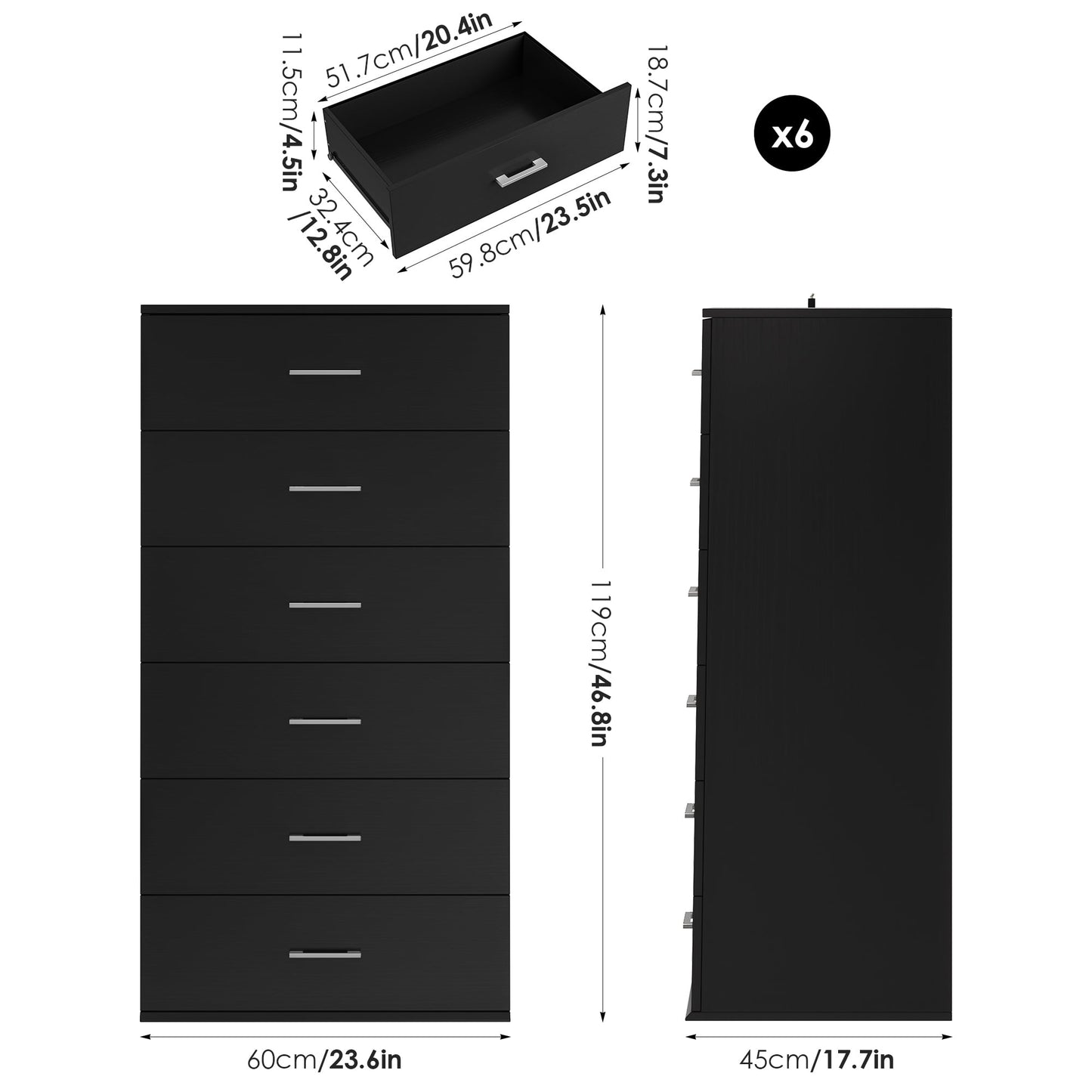 Homfa 6 Drawer Vertical Wood Dresser, Modern Tall Storage Cabinet for Bedroom and Living Room, Black