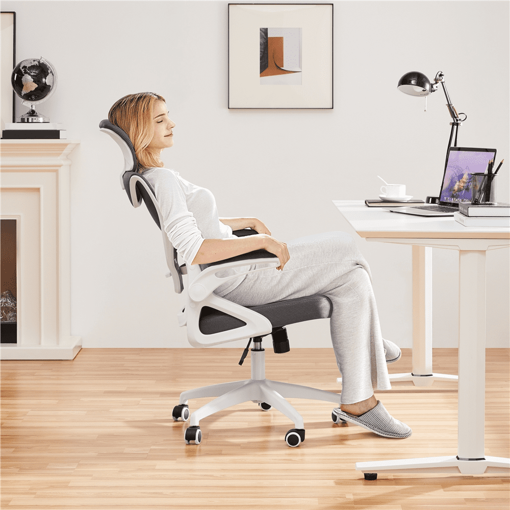 Alden Design High Back Ergonomic Mesh Office Chair with Adjustable Padded Headrest, White/Gray