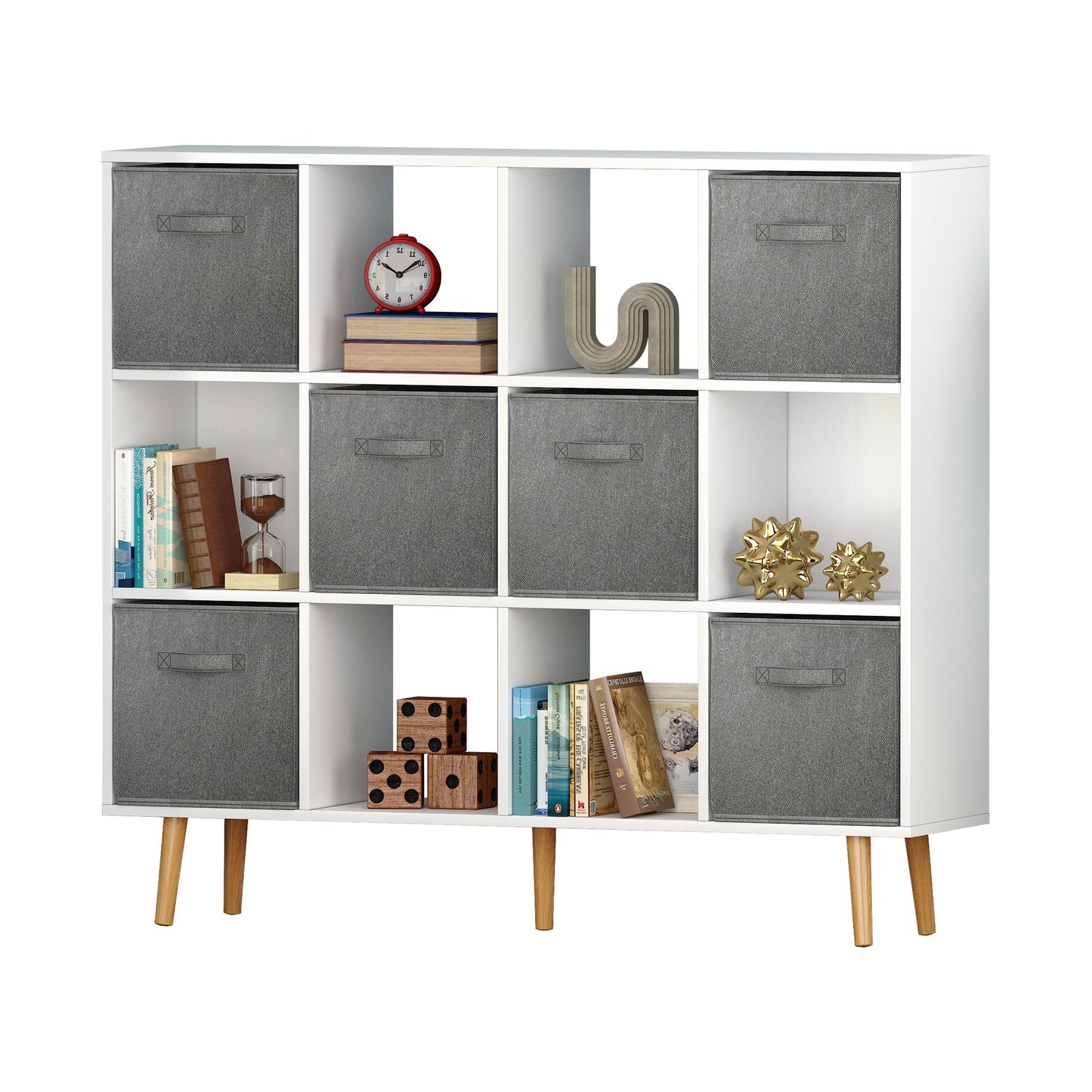 IVV 12-Cube Bookshelf, Freestanding Open Bookcase with 6 Fabric Drawers, Modern Wood Display Shelf for Living Room Study Home Office (White)