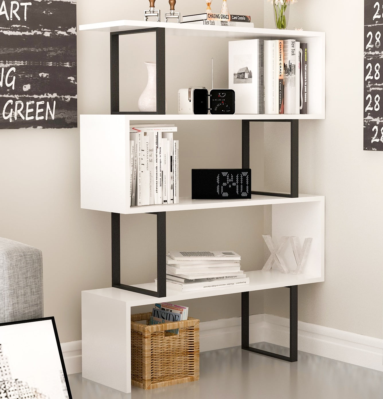 Adriana 49in Geometric 4 Shelf Bookcase, Veneer, White